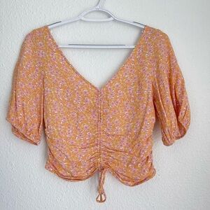 H&M Pink Yellow Cottagecore Floral Print Smocked Peasant Crop Top Blouse size S